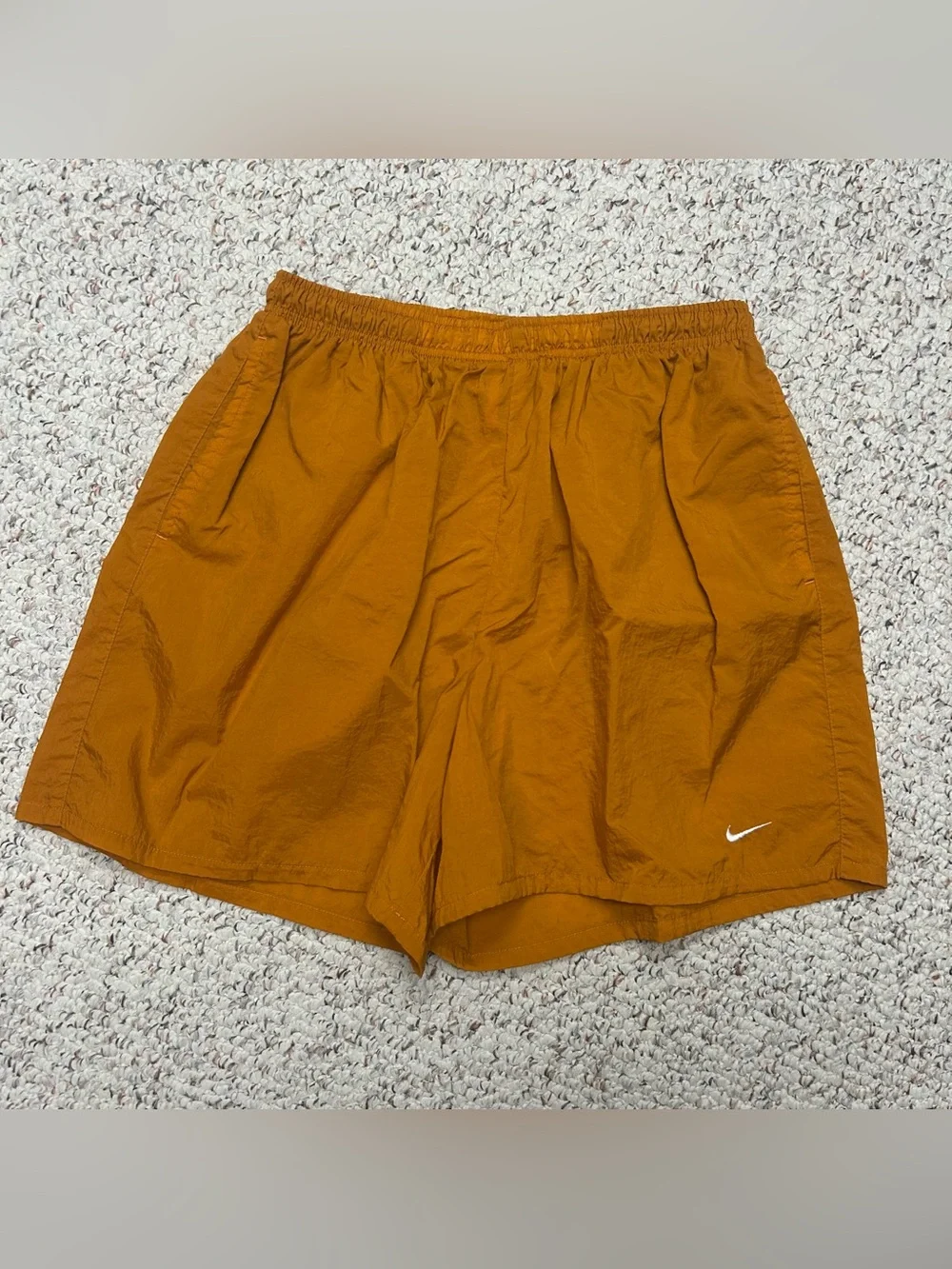 Vintage Nike Rust Orange Men’s Nylon Shorts Sz XL 90s Mini Swoosh Drawstring 5”